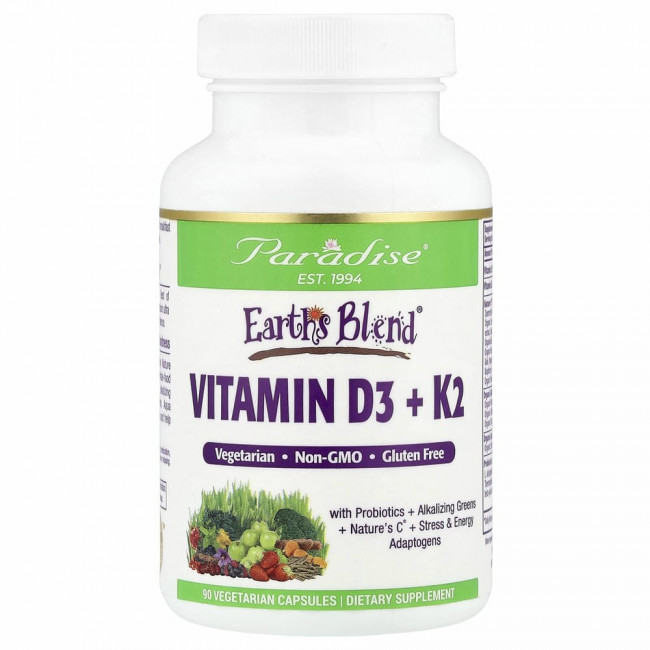 Paradise Herbs, Earth's Blend, витамины D3 и K2, 5000 МЕ, 90 вегетарианских капсул