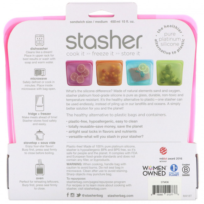 Stasher, Многоразовый силиконовый контейнер для еды, удобный размер для бутербродов, средний, малиновый, 450 мл (15 жидк. унций)