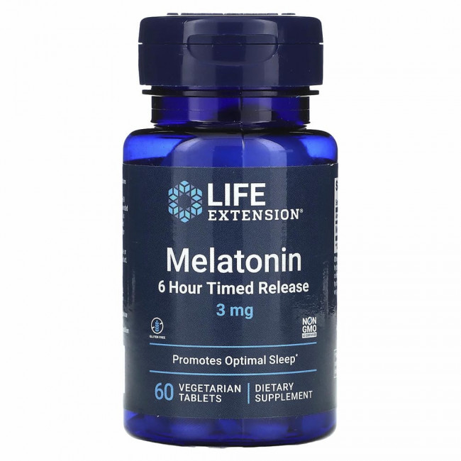 Life Extension, Мелатонин, высвобождение через 6 часов, 3 мг, 60 вегетарианских таблеток Life Extension, Мелатонин, высвобождение через 6 часов, 3 мг, 60 вегетарианских таблеток