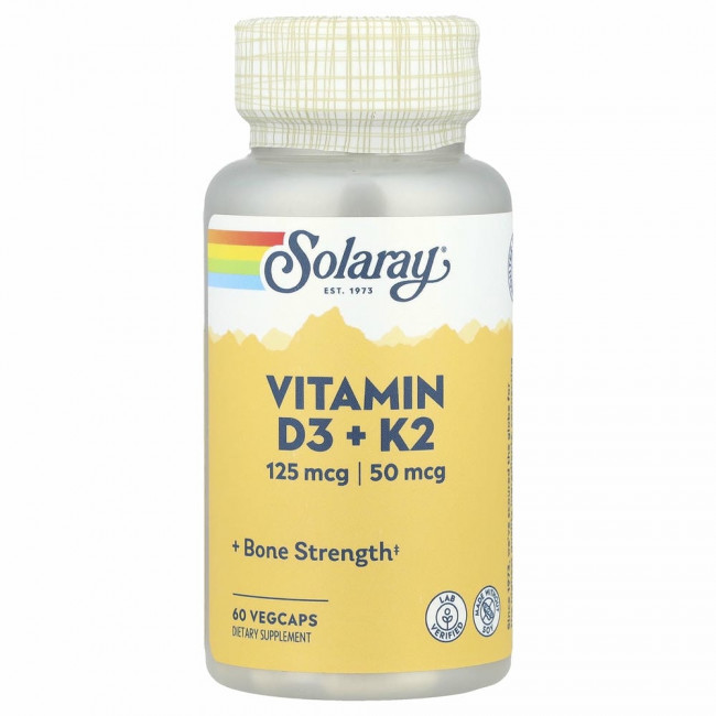 Solaray, витамины D3 и K2, без сои, 60 растительных капсул Solaray, витамины D3 и K2, без сои, 60 растительных капсул