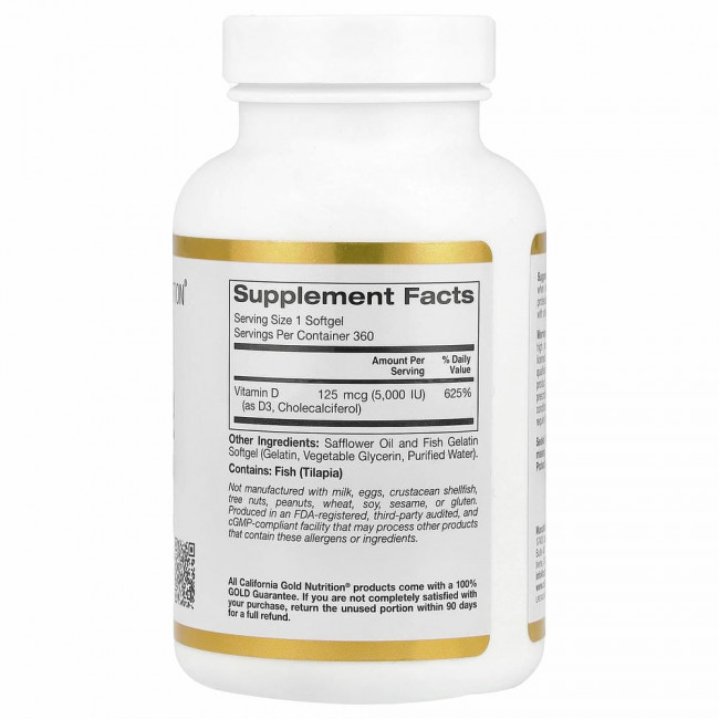 California Gold Nutrition, витамин D3, 125 мкг (5000 МЕ), 360 капсул из рыбьего желатина California Gold Nutrition, витамин D3, 125 мкг (5000 МЕ), 360 капсул из рыбьего желатина