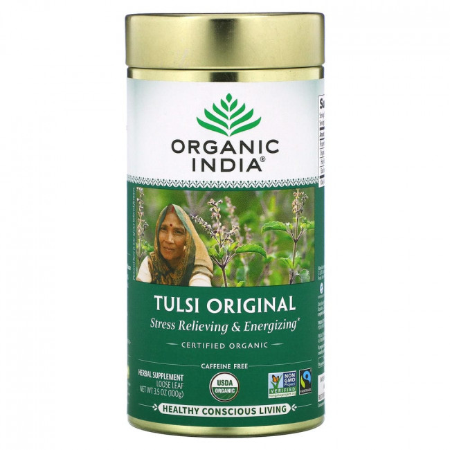 Organic India, Листовой чай тулси, священный базилик, оригинальный вкус, без кофеина, 100 г (3,5 унции)