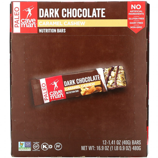 Caveman Foods, Nutrition Bars, темный шоколад, карамель и кешью, 12 батончиков по 40 г (1,41 унции) Caveman Foods, Nutrition Bars, темный шоколад, карамель и кешью, 12 батончиков по 40 г (1,41 унции)