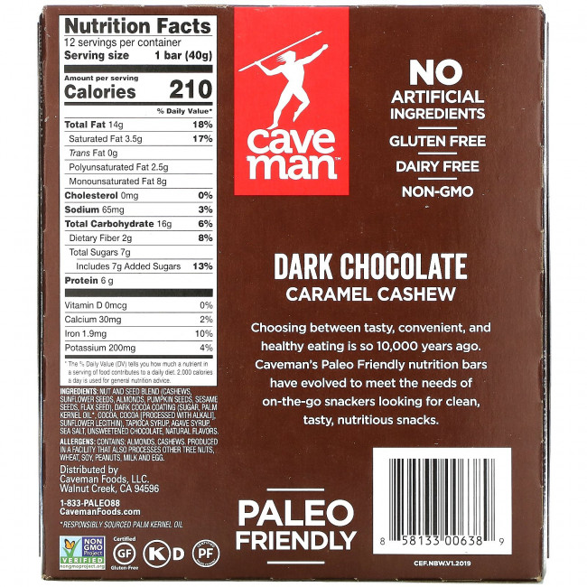 Caveman Foods, Nutrition Bars, темный шоколад, карамель и кешью, 12 батончиков по 40 г (1,41 унции) Caveman Foods, Nutrition Bars, темный шоколад, карамель и кешью, 12 батончиков по 40 г (1,41 унции)