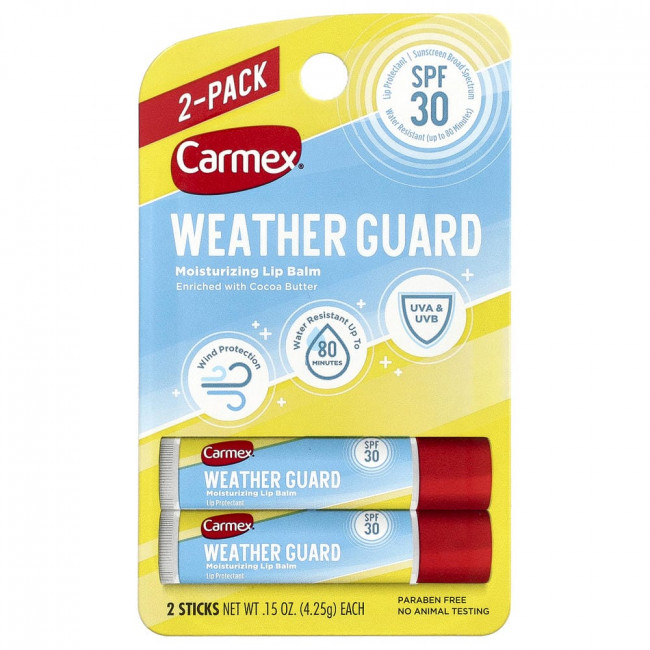 Увлажняющий бальзам для губ Carmex Weather Guard, SPF 30, 2 упаковки по 4,25 г (0,15 унции) каждый. Увлажняющий бальзам для губ Carmex Weather Guard, SPF 30, 2 упаковки по 4,25 г (0,15 унции) каждый.