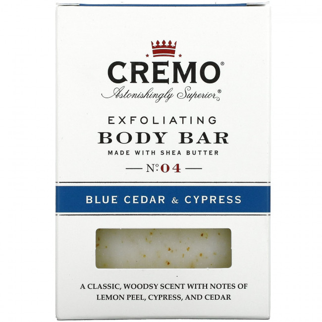 Cremo, Отшелушивающее мыло для тела, № 4, голубой кедр и кипарис, 170 г (6 унций) Cremo, Отшелушивающее мыло для тела, № 4, голубой кедр и кипарис, 170 г (6 унций)
