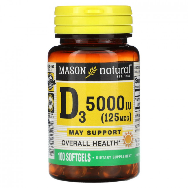 Mason Natural, Витамин D3, 5000 МЕ (125 мкг), 100 мягких таблеток Mason Natural, Витамин D3, 5000 МЕ (125 мкг), 100 мягких таблеток