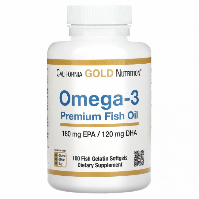 California Gold Nutrition, омега-3, рыбий жир премиального качества, 180 мг ЭПК / 120 мг ДГК, 100 капсул из рыбьего желатина California Gold Nutrition, омега-3, рыбий жир премиального качества, 180 мг ЭПК / 120 мг ДГК, 100 капсул из рыбьего желатина