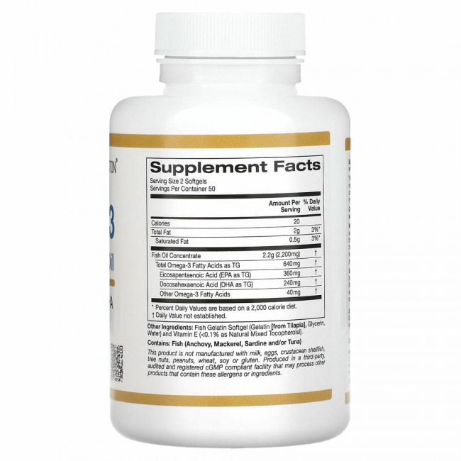 California Gold Nutrition, омега-3, рыбий жир премиального качества, 180 мг ЭПК / 120 мг ДГК, 100 капсул из рыбьего желатина California Gold Nutrition, омега-3, рыбий жир премиального качества, 180 мг ЭПК / 120 мг ДГК, 100 капсул из рыбьего желатина