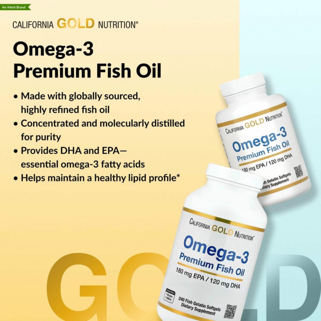 California Gold Nutrition, омега-3, рыбий жир премиального качества, 180 мг ЭПК / 120 мг ДГК, 100 капсул из рыбьего желатина California Gold Nutrition, омега-3, рыбий жир премиального качества, 180 мг ЭПК / 120 мг ДГК, 100 капсул из рыбьего желатина
