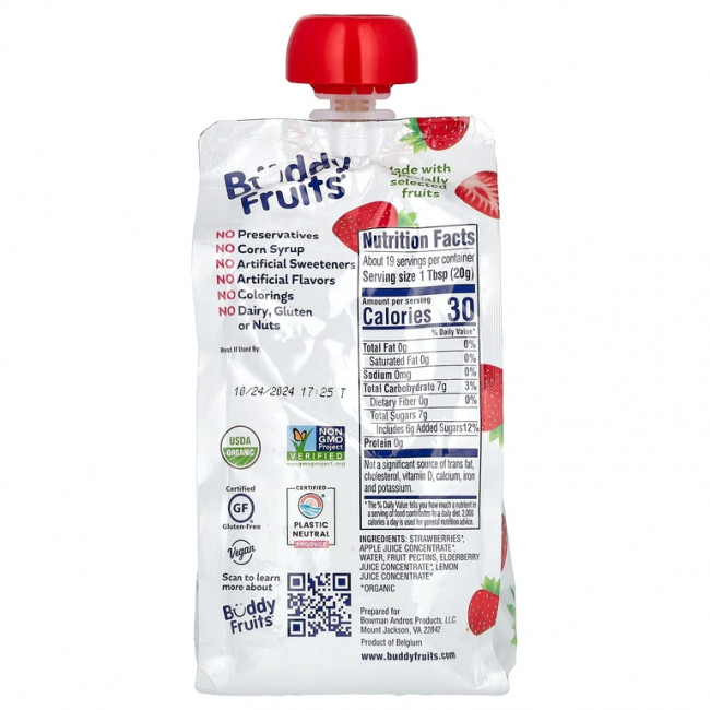 Buddy Fruits, органическая фруктовая паста, со вкусом клубники, 370 г (13 унций) Buddy Fruits, органическая фруктовая паста, со вкусом клубники, 370 г (13 унций)