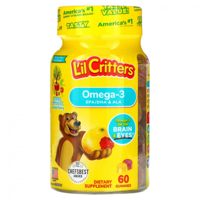 L'il Critters, омега-3, со вкусом малинового лимонада, 60 жевательных мармеладок L'il Critters, омега-3, со вкусом малинового лимонада, 60 жевательных мармеладок