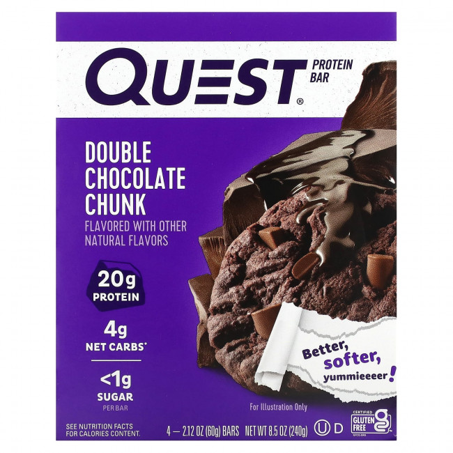 Quest Nutrition, Протеиновый батончик, двойные кусочки шоколада, 4 батончика, 60 г (2,12 унции) Quest Nutrition, Протеиновый батончик, двойные кусочки шоколада, 4 батончика, 60 г (2,12 унции)