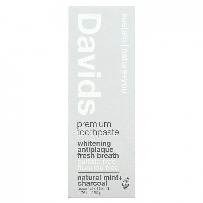 Davids Natural Toothpaste, Premium Toothpaste, Whitening + Antiplaque, Natural Mint + Charcoal, 1.75 oz (50 g)