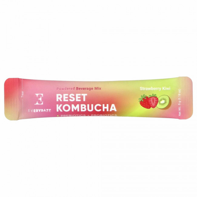 Everydaze, Reset Kombucha, порошковая смесь для напитка, клубника-киви, 10 пакетиков по 5 г каждый.