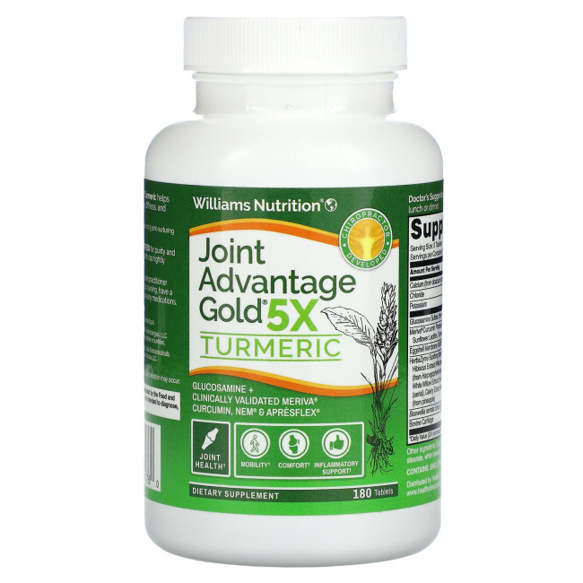 Williams Nutrition, Joint Advantage Gold 5X, биоактивная куркума, 180 таблеток Williams Nutrition, Joint Advantage Gold 5X, биоактивная куркума, 180 таблеток