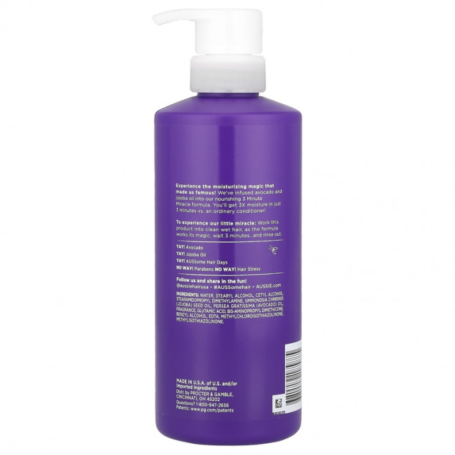 Aussie, 3 Minute Miracle Moist, кондиционер для глубокого нанесения с маслом авокадо и жожоба, 475 мл (16 жидк. Унций)