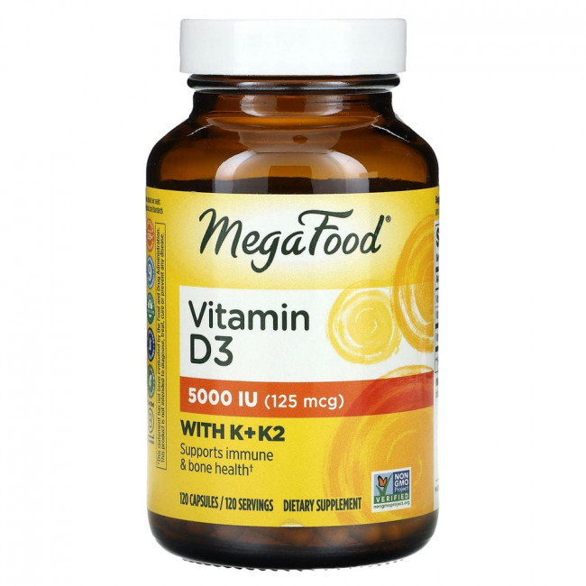 MegaFood, витамин D3 с витаминами K и K2, 5000 МЕ (125 мкг), 120 капсул MegaFood, витамин D3 с витаминами K и K2, 5000 МЕ (125 мкг), 120 капсул
