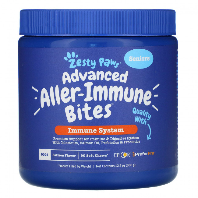 Zesty Paws, Advanced Aller-Immune Bites для собак, иммунная система, для пожилых людей, со вкусом лосося, 90 жевательных таблеток, 360 г (12,7 унции) Zesty Paws, Advanced Aller-Immune Bites для собак, иммунная система, для пожилых людей, со вкусом лосося, 90 жевательных таблеток, 360 г (12,7 унции)