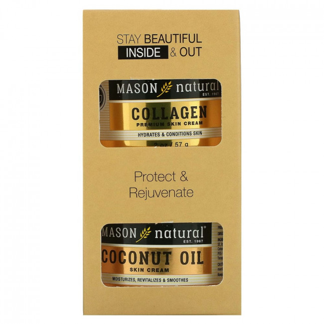 Mason Natural, Крем для кожи с кокосовым маслом + крем для кожи премиального качества с коллагеном, 2 шт. В упаковке, 57 г (2 унции) Mason Natural, Крем для кожи с кокосовым маслом + крем для кожи премиального качества с коллагеном, 2 шт. В упаковке, 57 г (2 унции)