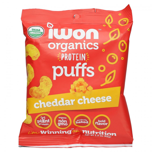IWON Organics, Organics Protein Puffs, сыр чеддер, 8 пакетиков по 42 г (1,5 унции) IWON Organics, Organics Protein Puffs, сыр чеддер, 8 пакетиков по 42 г (1,5 унции)