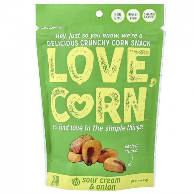 Love Corn, Вкусная хрустящая кукуруза со сметаной и луком, 115 г (4 унции)