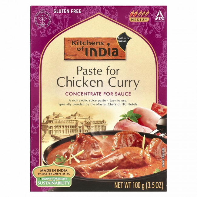 Kitchens of India, Смесь для курицы карри, концентрат для приготовления соуса, средняя, 3,5 унц. (100 г)