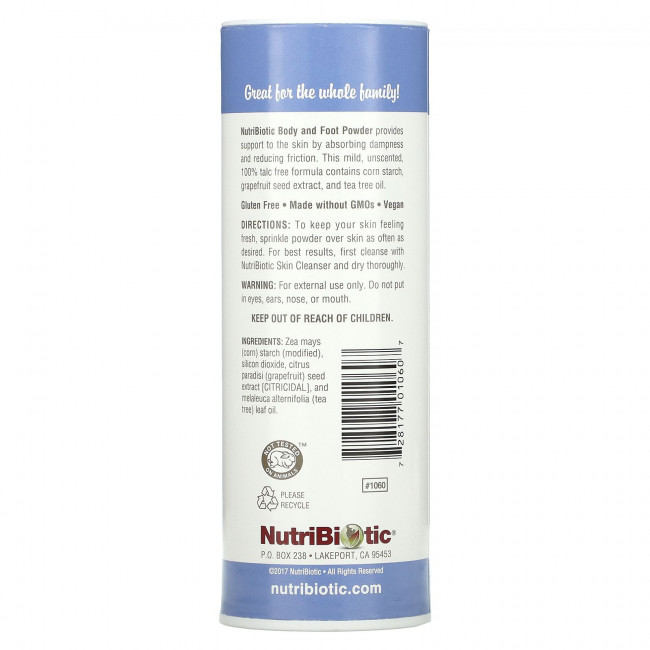 NutriBiotic, Пудра для тела и ног с экстрактом косточек грейпфрута и маслом чайного дерева, без запаха, 113 г (4 унции) NutriBiotic, Пудра для тела и ног с экстрактом косточек грейпфрута и маслом чайного дерева, без запаха, 113 г (4 унции)