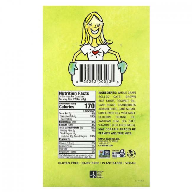 Bobo's Oat Bars, Овсяные батончики с клюквой и апельсином, 12 батончиков по 85 г (3 унции)