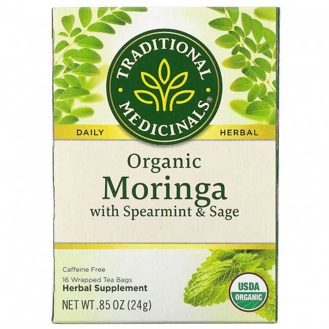 Traditional Medicinals, органическая моринга с перечной мятой и шалфеем, без кофеина, 16 чайных пакетиков, 24 г (0,85 унции) Traditional Medicinals, органическая моринга с перечной мятой и шалфеем, без кофеина, 16 чайных пакетиков, 24 г (0,85 унции)