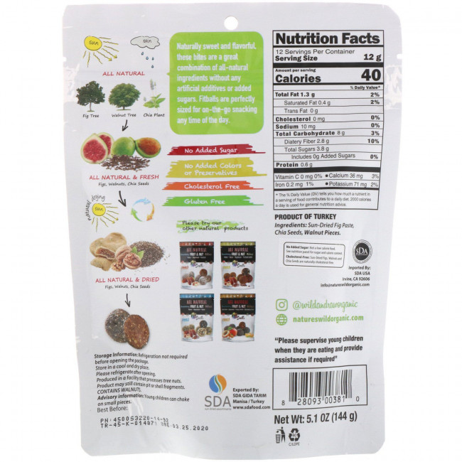 Nature's Wild Organic, All Natural, закуски из фруктов и орехов, фит-шарики, инжир + грецкие орехи + семена чиа, 5,1 унции (144 г) Nature's Wild Organic, All Natural, закуски из фруктов и орехов, фит-шарики, инжир + грецкие орехи + семена чиа, 5,1 унции (144 г)