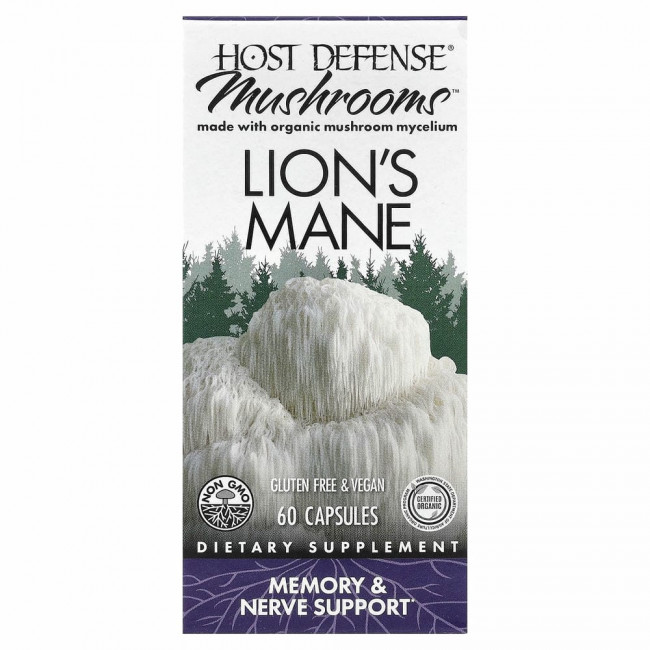 Fungi Perfecti, Host Defense, ежовик гребенчатый, поддержка памяти и нервной системы, 60 вегетарианских капсул