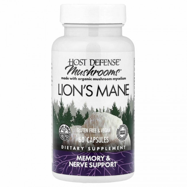 Fungi Perfecti, Host Defense, ежовик гребенчатый, поддержка памяти и нервной системы, 60 вегетарианских капсул