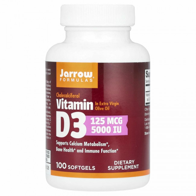 Jarrow Formulas, витамин D3, холекальциферол, 125 мкг (5000 МЕ), 100 капсул