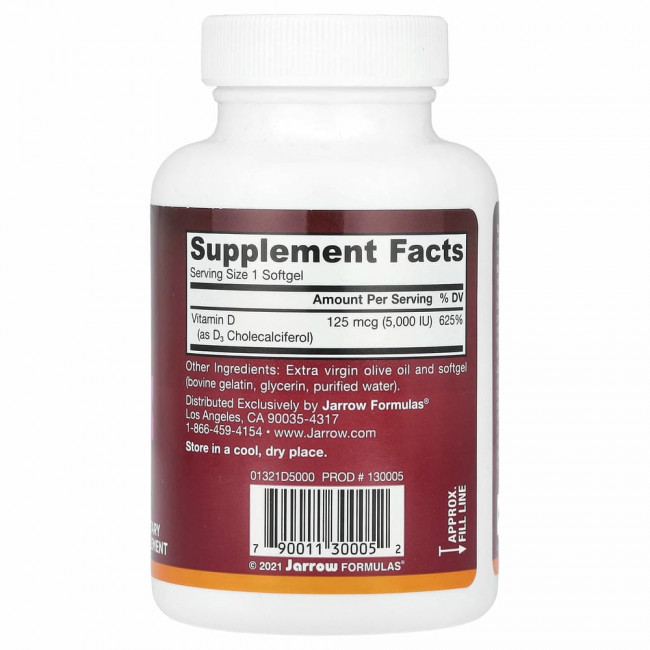 Jarrow Formulas, витамин D3, холекальциферол, 125 мкг (5000 МЕ), 100 капсул