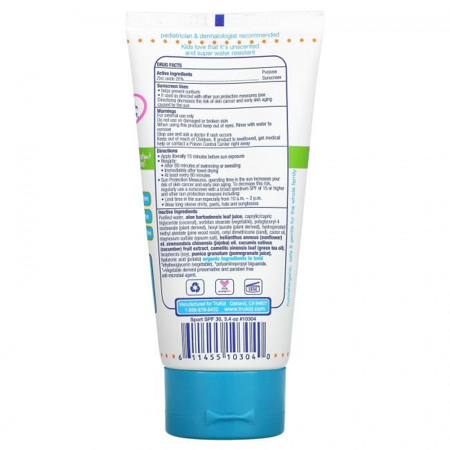 TruKid, Sunny Days Sport, солнцезащитное средство, SPF 30, без запаха, 100 мл (3,4 жидк. Унции) TruKid, Sunny Days Sport, солнцезащитное средство, SPF 30, без запаха, 100 мл (3,4 жидк. Унции)