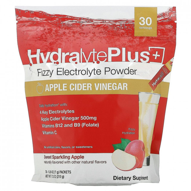 Hydralyte, Hydralyte Plus +, газированный электролитный порошок, сладкое игристое яблоко, 30 пакетиков по 7 г (0,24 унции)
