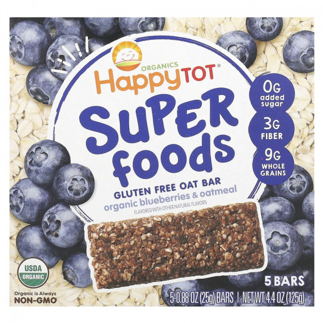 Happy Family Organics, Organics Happy Tot, суперпища, безглютеновый овсяный батончик, органическая голубика и овсянка, 5 батончиков, 25 г каждый Happy Family Organics, Organics Happy Tot, суперпища, безглютеновый овсяный батончик, органическая голубика и овсянка, 5 батончиков, 25 г каждый