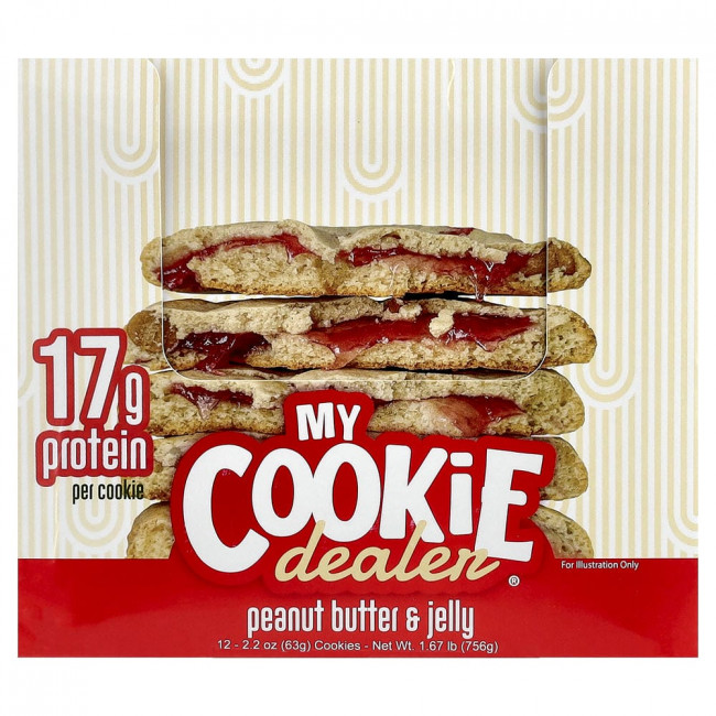 Протеиновое печенье My Cookie Dealer, протеиновое печенье с арахисовым маслом и джемом, 12 штук, по 63 г каждая. Протеиновое печенье My Cookie Dealer, протеиновое печенье с арахисовым маслом и джемом, 12 штук, по 63 г каждая.