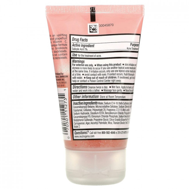 Neutrogena, Безмасляное средство для умывания от акне, пенный скраб с розовым грейпфрутом, 59 мл (2 жидк. Унции)