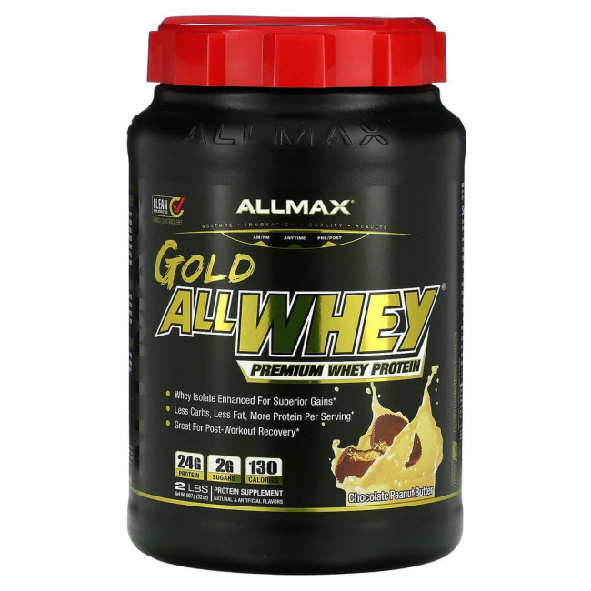 ALLMAX Nutrition, AllWhey Gold, 100% сывороточный протеин+ премиум-изолят сывороточного протеина, шоколад и арахисовое масло, 2 фунта (907 г) ALLMAX Nutrition, AllWhey Gold, 100% сывороточный протеин+ премиум-изолят сывороточного протеина, шоколад и арахисовое масло, 2 фунта (907 г)