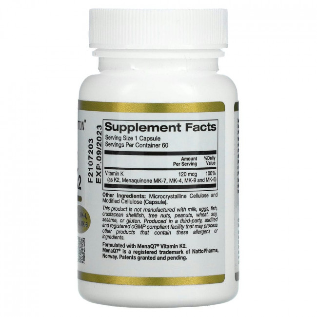 California Gold Nutrition, витамин K2 полного спектра действия, 120 мкг, 60 растительных капсул California Gold Nutrition, витамин K2 полного спектра действия, 120 мкг, 60 растительных капсул