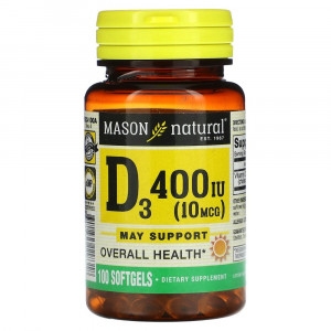 Mason Natural, Витамин D3, 10 мкг (400 МЕ), 100 мягких таблеток Mason Natural, Витамин D3, 10 мкг (400 МЕ), 100 мягких таблеток