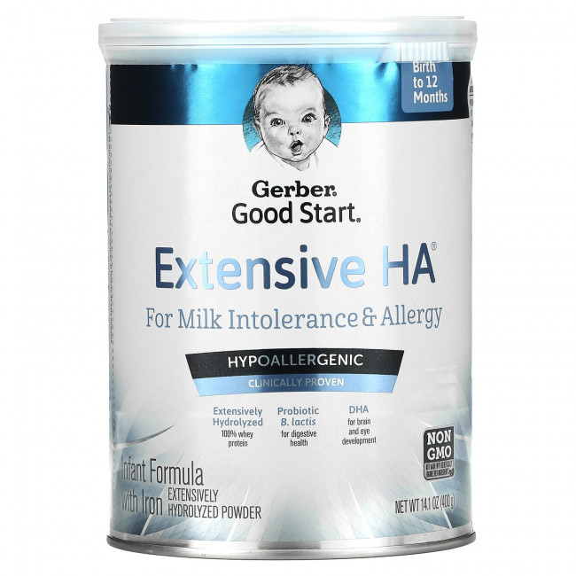 Gerber, Good Start, Extensive HA, смесь для детского питания с железом, от рождения до 12 месяцев, 400 г (14,1 унции) Gerber, Good Start, Extensive HA, смесь для детского питания с железом, от рождения до 12 месяцев, 400 г (14,1 унции)