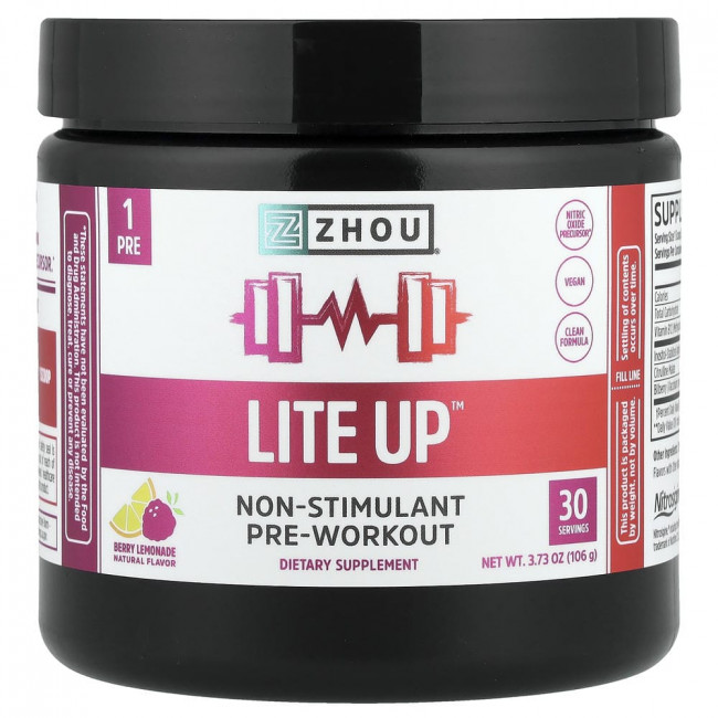 Zhou Nutrition, Lite Up™, предтренировочный комплекс без стимуляторов, вкус ягодного лимонада, 106 г (3,73 унции)