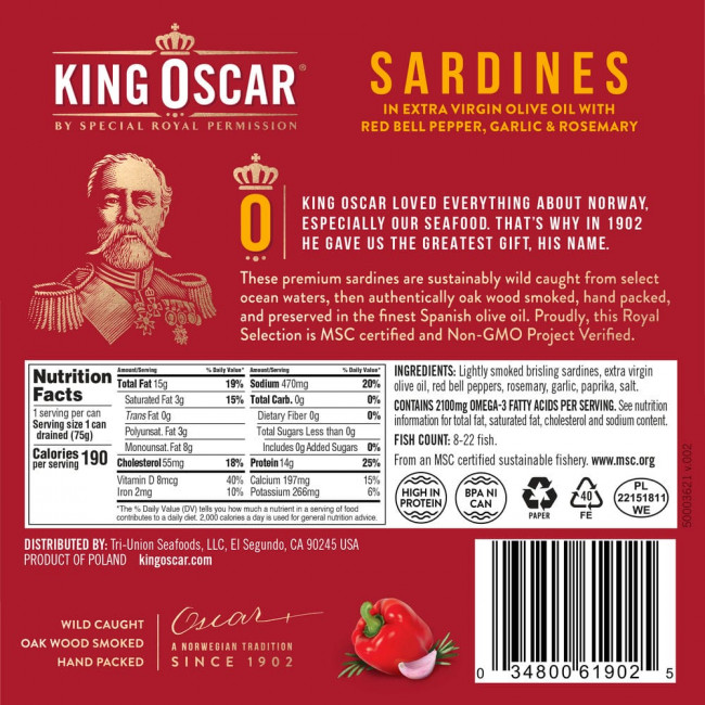 King Oscar, Сардины в оливковом масле первого отжима с красным болгарским перцем, чесноком, розмарином и острым чили, 106 г (3,75 унции) King Oscar, Сардины в оливковом масле первого отжима с красным болгарским перцем, чесноком, розмарином и острым чили, 106 г (3,75 унции)