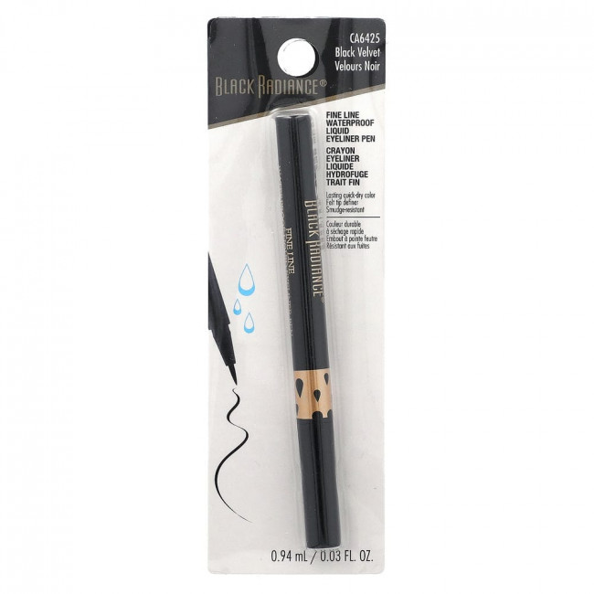 Black Radiance, Fine Line, Waterproof Liquid Eyeliner Pen, CA6425 Black Velvet, 0.03 fl oz (0.94 ml)