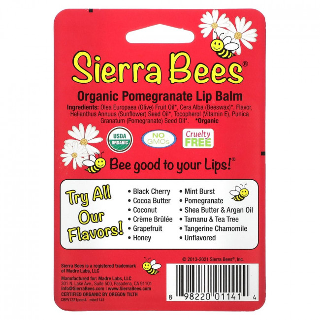 Sierra Bees, органические бальзамы для губ, гранат, 4 штуки по 4,25 г (0,15 унции) Sierra Bees, органические бальзамы для губ, гранат, 4 штуки по 4,25 г (0,15 унции)