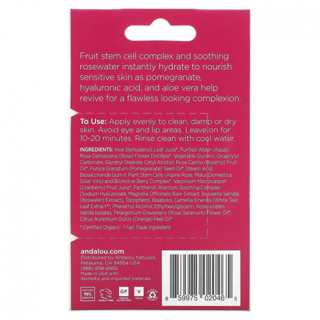 Andalou Naturals, мгновенное успокоение, маска лица с розовой водой 1000 Roses, 8 г (0,28 унции)