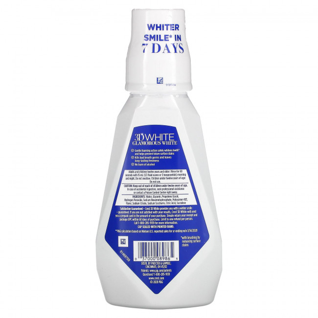 Crest, 3D White, универсальная отбеливающая жидкость для полоскания рта, Glamorous White, арктическая мята, 473 мл (16 жидк. Унций) Crest, 3D White, универсальная отбеливающая жидкость для полоскания рта, Glamorous White, арктическая мята, 473 мл (16 жидк. Унций)